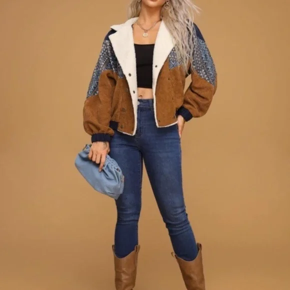 Navy Camel Corduroy shearling line tribal Button Jacket Boho Teddy - Picture 3 of 8
